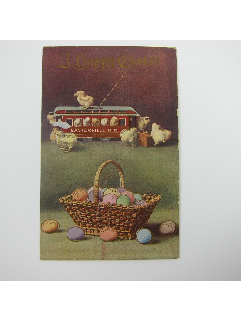 Easter Postcard Chicks Ride Trian Car Colored Easter Eggs in Basket Antique